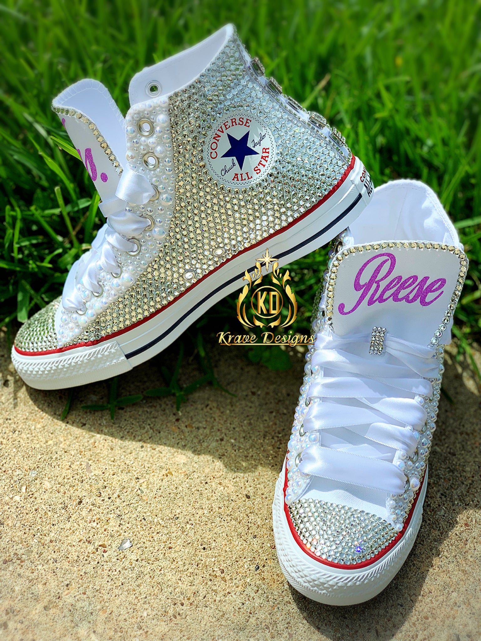 Gold and White Adult Tennis Shoes With Pearl's and Rhinestones