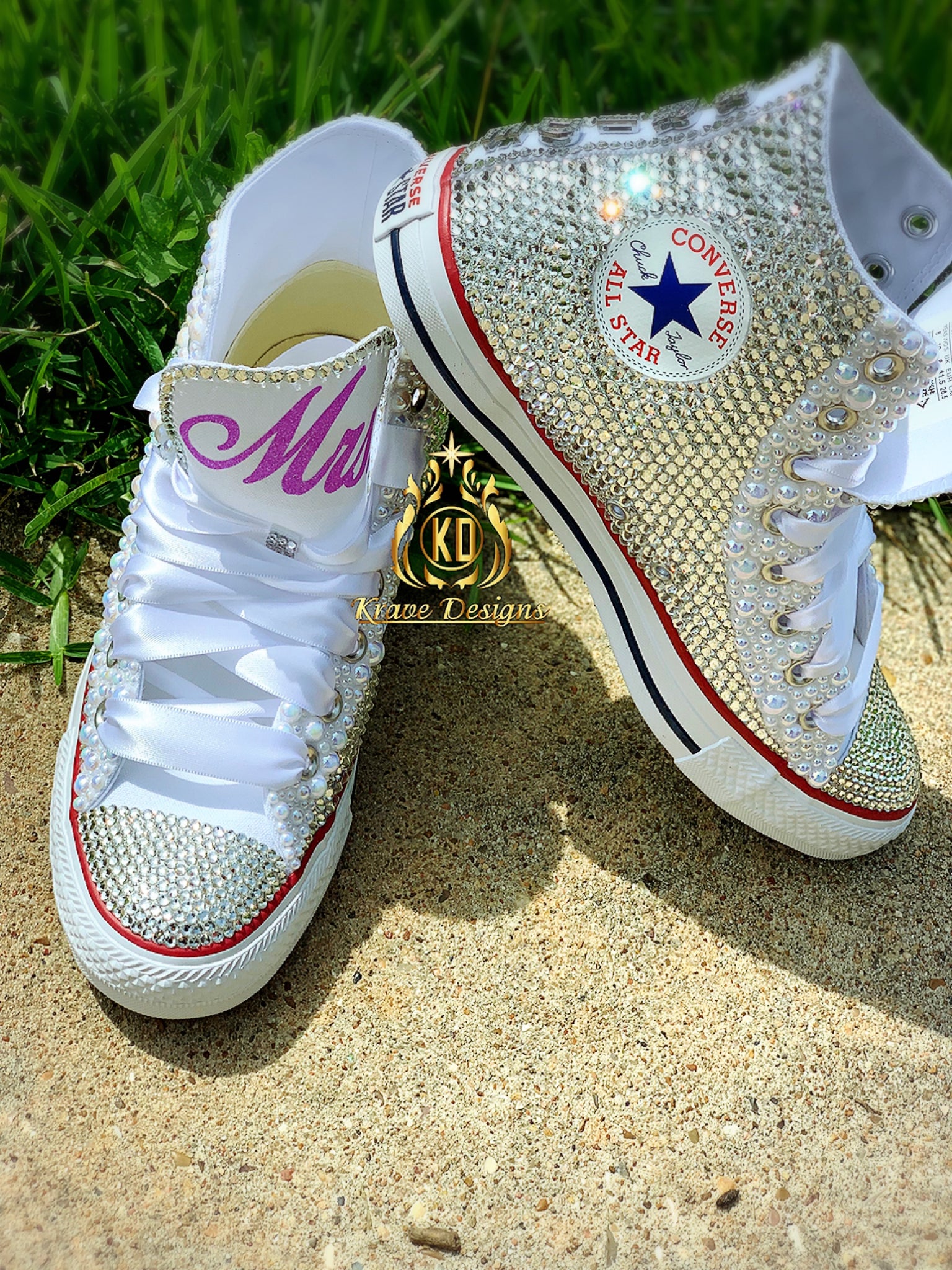 Gold and White Adult Tennis Shoes With Pearl's and Rhinestones